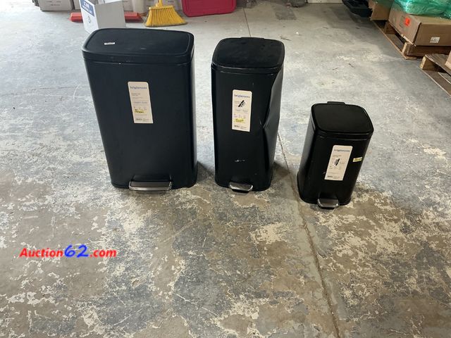 Lot 44-1202j - Set of 3 Black Step-On Trash Cans E-Commerce Return, A basic inspection has been given to this item. Sold AS-IS. Dented Scratched