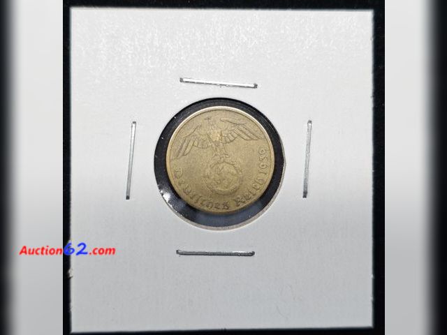 Lot 44-8342o - 1939 NAZI GERMANY WWII 5 PFENNIG COIN W/SWASTIKA AND HERALDIC EAGLE.-T