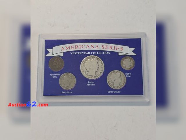 Lot 44-8319v - YESTERYEAR COLLECTION W/BARBER 90% SILVER HALF DOLLAR, BARBER 90% SILVER QUARTER, BARBER 90% SILVER DIME, LIBERTY HEAD "V" NICKEL, AND INDIA...