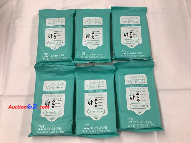 Lot 44-7538k - Lot of 6 packs of 20 flushable wipes fresh scent. New. Not Tested Never opened, Factory Sealed