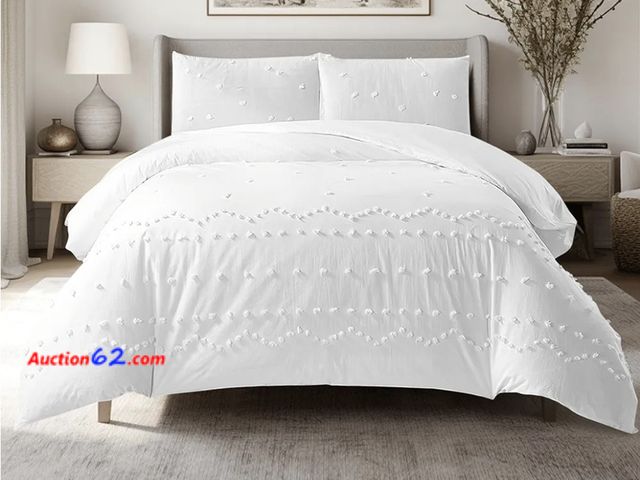 Lot 44-6563k - Style Quarters King Size Duvet Cover 3-Piece White 100% Cotton Tufted Pom Pom Bedding Set for All Season with 1 Duvet Cover and 2 Pillow Sha...