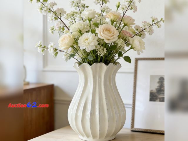 Lot 44-2557a - Qinyoung 1 Pack White Vintage Pleated Ceramic Vase Sour Cream Stylish Decorative Flower Vase for Bouquet Living Room Cabinet Table Centerpie...