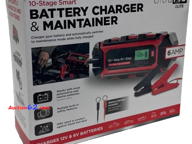 Lot 44-175g - UltraPro Elite Smart Battery Charger &amp; Maintainer - 12V 6A - 6V 2A - 100W 150Ah - Powers on, not tested further