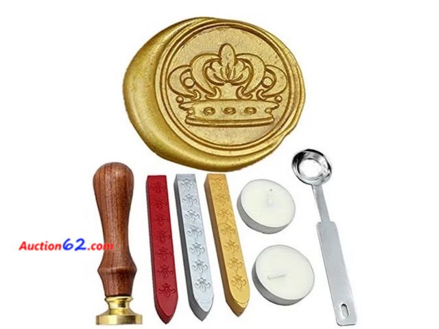Lot 44-6575g - FQL Crown Vintage Rosewood Wax Seal Stamp Set with Gold Red Silver Sticks Appears New