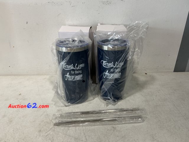 Lot 44-811 - Set of 2 Navy Blue Tumblers with Lids and Straws - Thank You for Being Awesome Not Tested See All Photo's Appears New, A basic inspection ha...