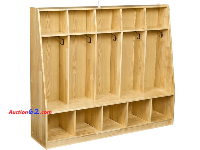 Lot 44-79b - Retail value of $231- Amazon Basics Coat Locker Storage, 5-Section with Bench, 13"D x 54"W x 48"H, Natural-Pine Finish, For Classroom Appear...