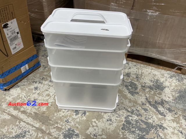 Lot 44-1546w - Target 7pc Click in Place Rolling Bins - White, Storage Not Tested See All Photo's E-Commerce Return, A basic inspection has been given to t...