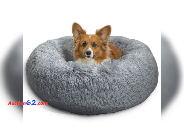 Lot 44-264p - (Missing Inner Bed Part) Best Friends by Sheri Original Calming Donut Dog and Cat Bed, Shag Faux Fur, Gray, (23in x 23in) - Anxiety Relief f...