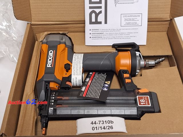 Lot 44-7310b - RIDGID 18 gauge Brad Nailer Appears New, A basic inspection has been given to this item. Sold AS-IS. Not Tested