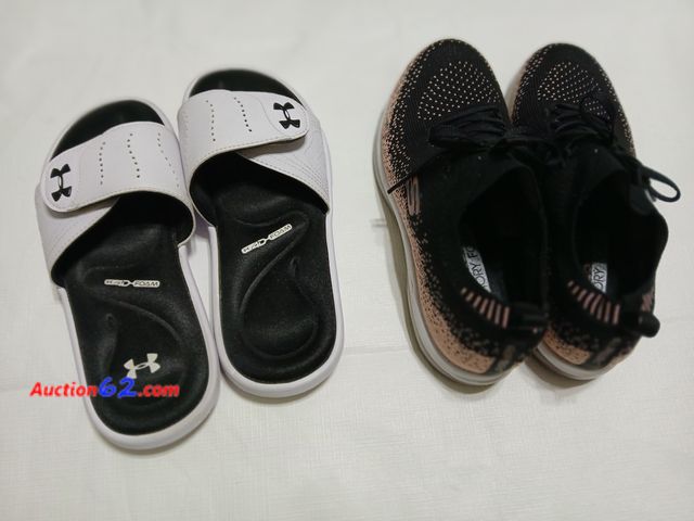 Lot 44-2011i - New Skechers tennis shoes, size 7 1/2.  Like new Under Armour slides, size 7 worn once.  See all photos. Appears New, A basic inspection has...