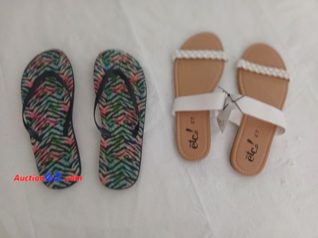 Lot 44-2024w - New size 10 Rue 21 sandles.  One new pair of size 10 flip flops.  See all photos. Appears New, A basic inspection has been given to this ite...