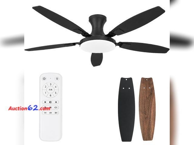 Lot 44-1600e - $99.99 Retail price - HXXLFONEDP 52 Inch Low Profile Ceiling Fan with Light and Remote, Black Appears New, A basic inspection has been given...