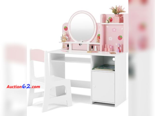 Lot 44-7012f - JOYLDIAS kids Vanity with lights, pink girls makeup Vanity with open bookshelf, storage cabinet and shelves, 2-in-1 toddler Vanity desk and ...
