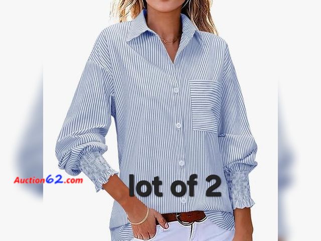 Lot 44-6905g - Lot of 2 Size Medium Womens Button Down Shirts Striped Smocked Cuff Long Sleeve Blouses with Pocket Casual Collar Office Work Tops Appears t...