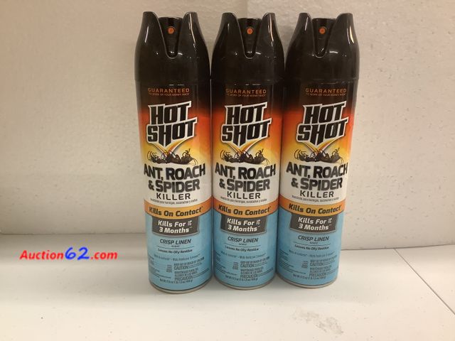 Lot 44-6238e - Three 17oz Cans of Hot Shot Ant,Roach,&amp; Spider Bug Spray Killer. Crisp Linen Scent, Kills on Contact. Appears New, A basic inspection ha...