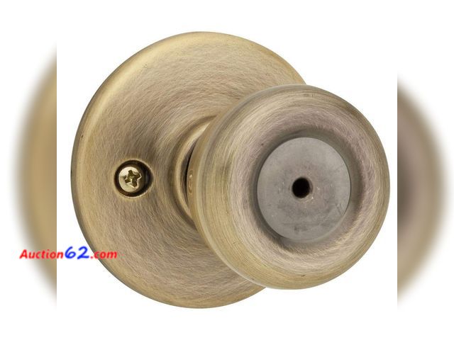 Lot 44-1922e - Kwikset Tylo Interior Privacy Door Knob with Lock, Door Handle For Bathroom and Bedroom, Antique Brass Keyless Turn Lock Doorknob, with Micr...