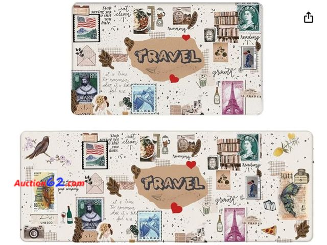 Lot 44-2051m - PETAFLOP Kitchen Mats and Rugs Set of 2, Stamp-Pattern Travel Theme Non Slip Cushioned Standing Mat for Kitchen, Floor, Office Appears New, ...