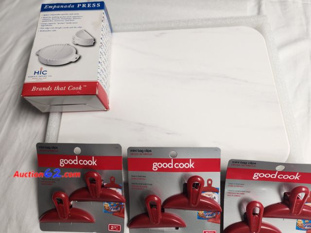 Lot 44-2352b - Set of 2 16x12 in cutting boards white marble cast, 3 sets of 2 good cook mini bag clips, 1 Harold Import Co Empanada Press ideal for making...