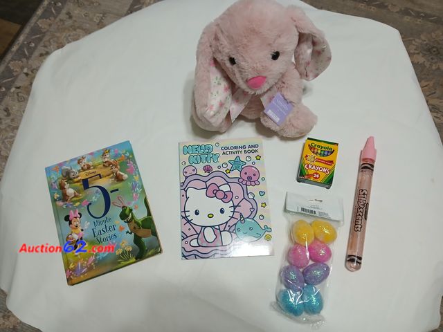 Lot 44-2118j - One new 5 Minute Disney Easter Stories book, retail 12.99.  One new rabbit, measures approximately 12" tall.  One new Hello Kitty coloring b...