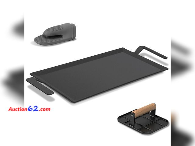 Lot 44-855i - $89.99 Retail price - Carbon Steel Griddle Comes with Grill Press, Double Burner Griddle for Gas Stove, Electric Range, Outdoor Gas Grill, I...