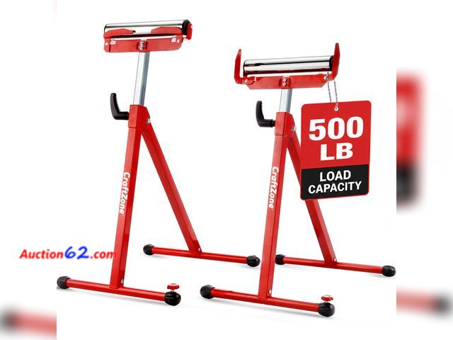 Lot 44-158a - CRAFTZONE 2 Pack Folding Roller Stand with 27 to 43 Inch Adjustable Height and 500 lb Heavy Duty Steel Construction for Table Saw Outfeed an...