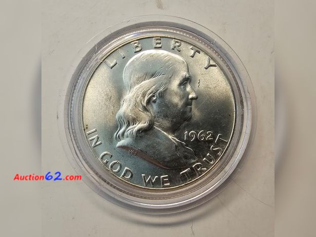 Lot 44-8316p - 1962-D FRANKLIN 90% SILVER HALF DOLLAR. BRILLIANT UNCIRCULATED. MINTED IN DENVER. COMES IN AN AIR-TITE CAPSULE-NT