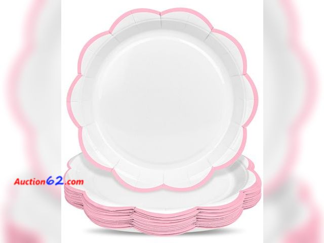 Lot 44-916m - Lot of 4 packs - ZUQMZUQ 30 Pcs Pink and White Paper Plates, 9 Inch White Party Plates, Pink Scalloped Dinner Paper Plates Cake Dessert Plat...