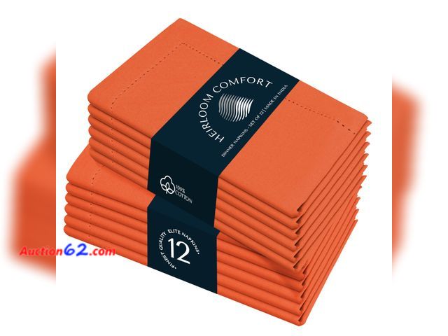 Lot 44-1708m - HEIRLOOM COMFORT Orange Cloth Dinner Napkins 18x18 Inch - Set of 12 - Durable, Soft, Reusable, Washable - Hemstitch Mitered Edges - Ideal Co...