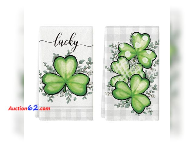 Lot 44-9037 - Retail of $63-Lot of (3) Sets of (2) of Artoid Mode Plaid Shamrock Eucalyptus St. Patrick's Day Kitchen Towels Dish Towels, 18x26 Inch Lucky...