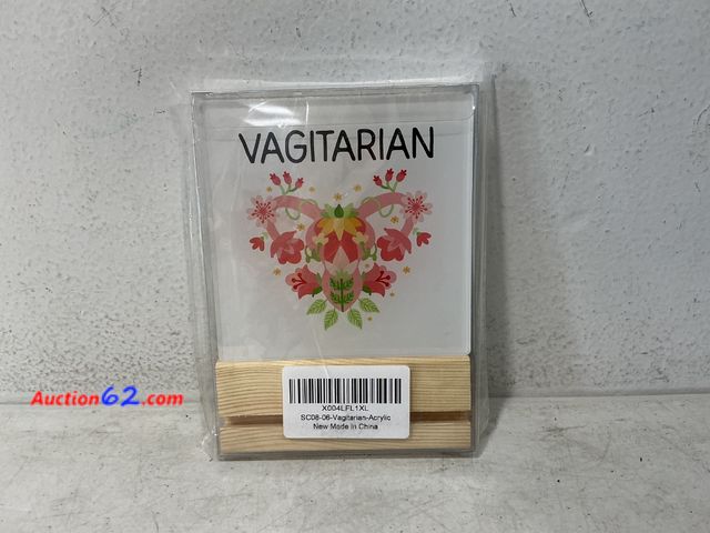 Lot 44-944e - Vagitarian Acrylic Sign with Wooden Base Appears New, A basic inspection has been given to this item. Sold AS-IS. Not Tested See All Photo's