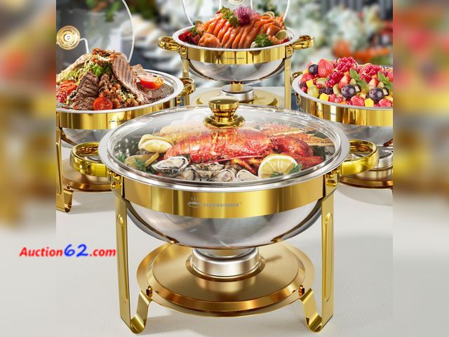 Lot 44-831i - $134.99 Retail price - IMXSUMDA Chafing Dish Buffet Set 4 Pack, 5QT Gold Round Chafing Dishes for Buffet, High Grade Chafers and Buffet Warm...