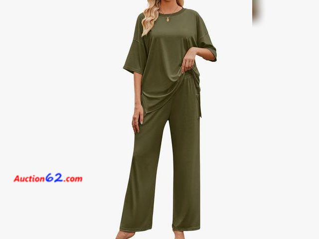 Lot 44-6524p - Size Medium NORACORA Womens Pajamas 2 Piece Set Short Sleeve Pullover Tops And Wide Leg Pants Lounge Set Army Green Appears New, A basic ins...