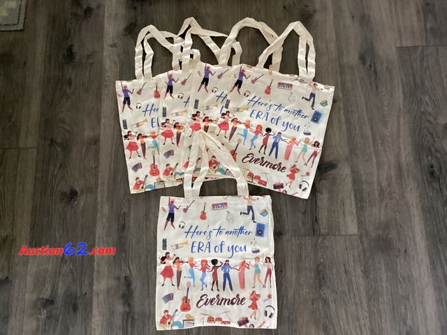 Lot 44-2074m - Lot of 5 Here’s to Another ERA of You Evermore Music Themed Canvas Tote Bags. Appears New, A basic inspection has been given to this item. S...