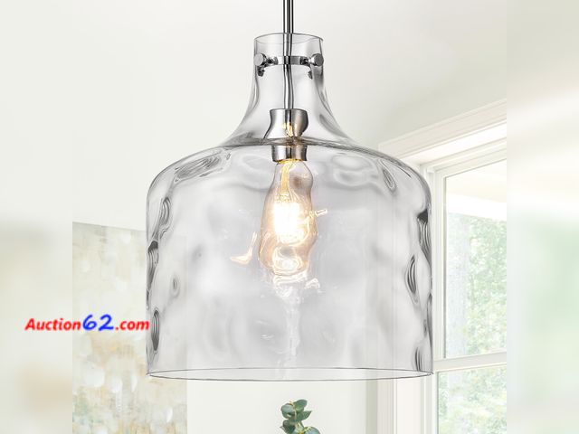 Lot 44-1109o - $139 Retail price - MERINEA Farmhouse Pendant Light – Hand-Blown Clear Hammered Glass Shade, Chrome Finish, Adjustable Chain Hanging Fixture...