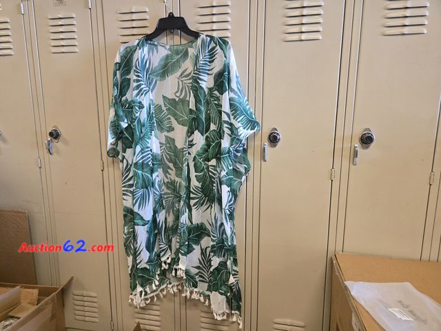 Lot 44-6764g - Size Large Aqua Eve Kimonos for Women Summer Kimono Cardigans Beach Coverup Long Kimonos White and Green Leaves