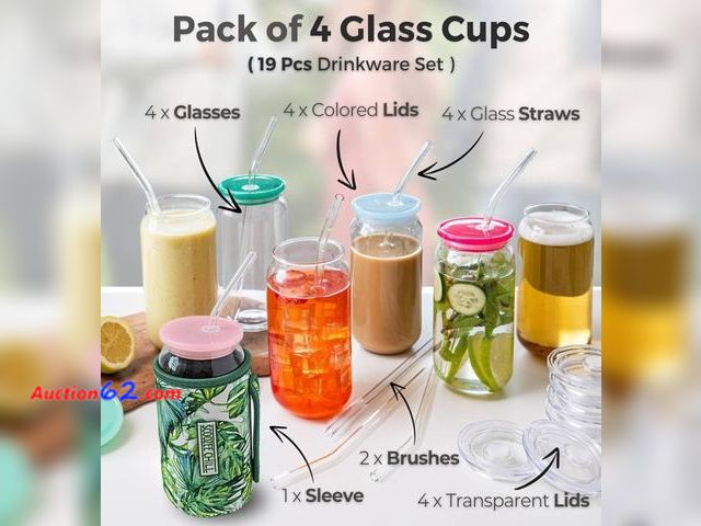 Lot 44-7493g - Scoozee glass cups with acrylic lids &amp; glass straws [19 pcs- 18 oz] Appears New, A basic inspection has been given to this item. Sold AS...