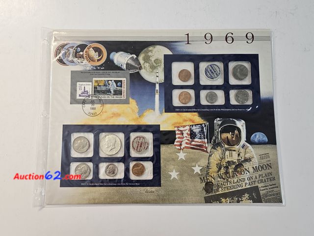 Lot 44-8342u - 1969 MINT SET WITH 40% SILVER KENNEDY HALF FROM THE 25 YEARS OF U.S. UNCIRCULATED COIN MINT SETS AND STAMPS IN A COLLECTOR PANEL.-NT