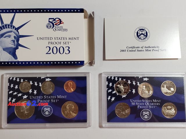 Lot 44-8555f - 10 COIN 2003 PROOF SET W/SACAGAWEA DOLLAR, KENNEDY HALF DOLLAR, ILLINOIS, ALABAMA, MAINE, MISSOURI AND ARKANSAS QUARTERS, ROOSEVELT DIME, JE...