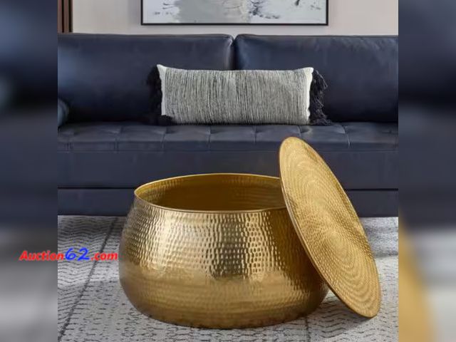 Lot 44-14a - $231 Retail value- Calluna 30 in. Gold Round Metal Coffee Table with Lift Top Storage Appears New