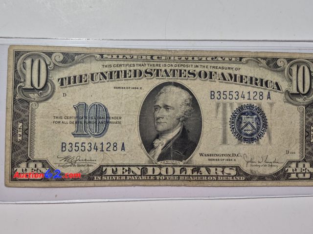 Lot 44-8310i - 1934 A SERIES $10 SILVER CERTIFICATE. CIRCULATED. FROM BACK IN THE GOOD OLD DAYS WHEN THEY SAID "PAYABLE IN SILVER TO THE BEARER ON DEMAND."...