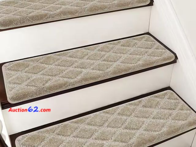 Lot 44-227b - Retail of $120- Diamond Trellis Cream 9.5 in. x 30 in. x 1.2 in. Bullnose Indoor Non-slip Carpet Stair Tread Cover Tape Free (Set of 14)