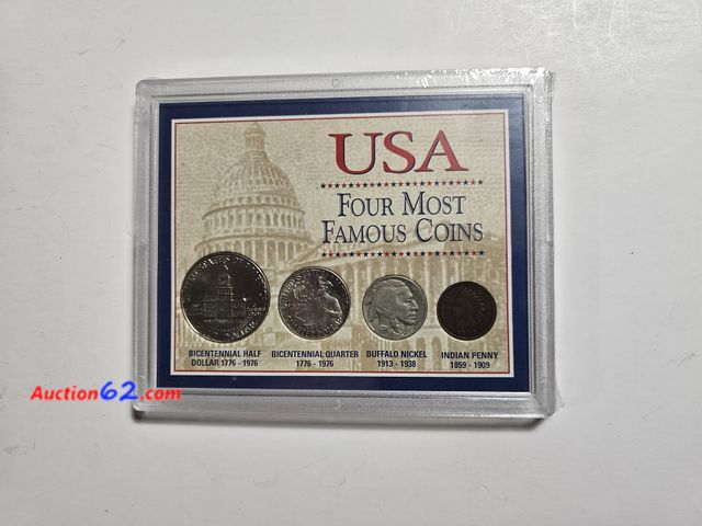 Lot 44-8335q - USA FOUR MOST FAMOUS COINS SET W/BICENTENNIAL HALF DOLLAR, BICENTENNIAL QUARTER, BUFFALO NICKEL AND INDIAN CENT. STILL SEALED. -NT