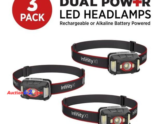 Lot 44-1557b - INFINITY X1  DUAL POWER LED Headlamps 700 Lumens, 5 Modes, Rechargeable- (3) pack 1. Appears New, A basic inspection has been given to this ...