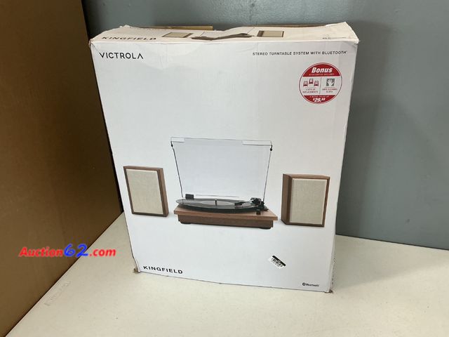 Lot 44-2676w - $179 Retail price - Victrola the Kingfield Bluetooth Record Player Shelf System with Bookshelf Speakers: Belt Drive, 3-Speed, 3.5mm Jack App...