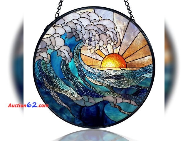 Lot 44-1957e - kdqua Coastal Beach Ocean Suncatcher Stained Glass Window Hanging, Ocean Waves Sunshine Sun Catchers Indoor Window Glass Round Wall Decor, C...