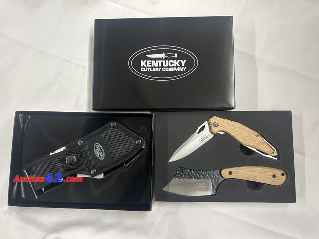 Lot 44-6119j - 2 pc Kentucky cutlery knife set pocket ad cleaver style with sheath. New. See All Photo's Not Tested Never opened, Factory Sealed