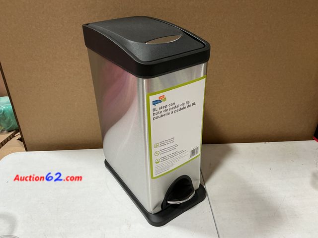 Lot 44-9097b - Honey-Can-Do 8L Rectangular SS Step Can, Silver- Dented E-Commerce Return, A basic inspection has been given to this item. Sold AS-IS.