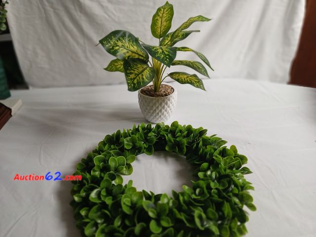 Lot 44-2132g - New without tag 15" x 15" green wreath, and new without tag potted artificial plant.  See photos. Appears New, A basic inspection has been g...