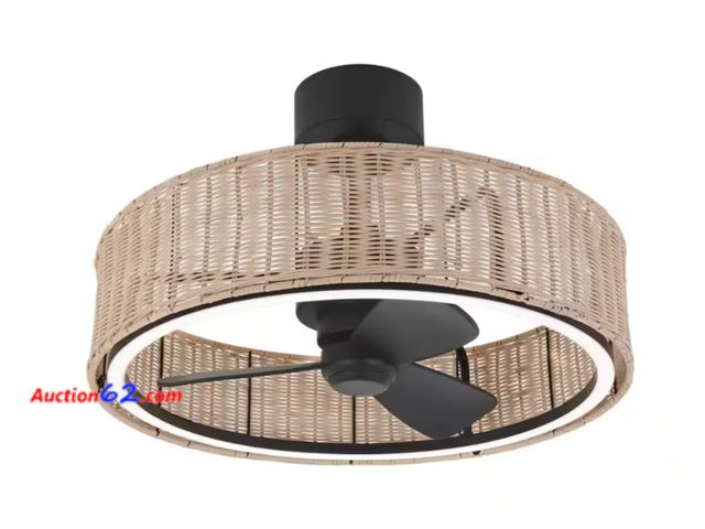 Lot 44-725b - Retail value $199- Kalani 24 in. Indoor Black and Rattan 8 Steps CCT 18.7 in. Integrated LED Ceiling Fan with Remote Included 1. Appears New...