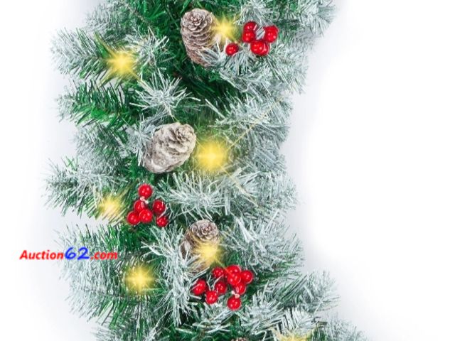 Lot 44-6505t - 9ft Pre-Lit Christmas Garland w/ 50 Lights, Pine Cones, Berries, Flocked Tips, Battery Operated Appears New, A basic inspection has been giv...